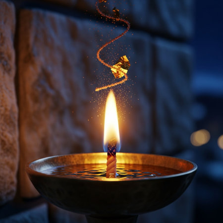 Burning candle in a candlestick on a brick wall backgroundの素材