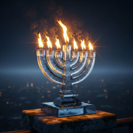 Jewish holiday Hanukkah. Menorah with burning candles on the background of the night city.の素材