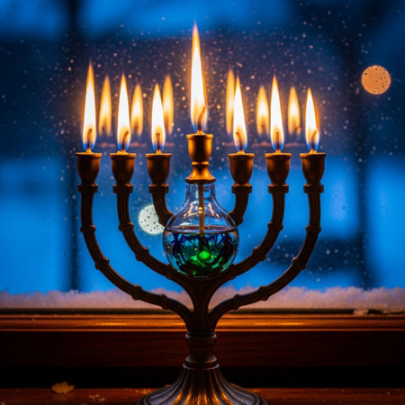 Image of jewish holiday Hanukkah background with menorah (traditional candelabra) and burning candlesの素材