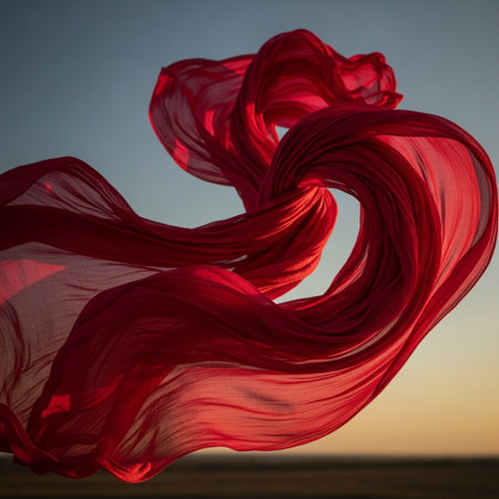Red fabric in the wind on a background of the sunset sky.の素材