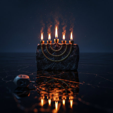 Image of jewish holiday Hanukkah background with menorah (traditional candelabra) and burning candlesの素材
