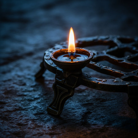 Burning candle in a metal candlestick on a dark backgroundの素材