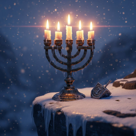 Hanukkah menorah with burning candles on the background of winter mountains.の素材