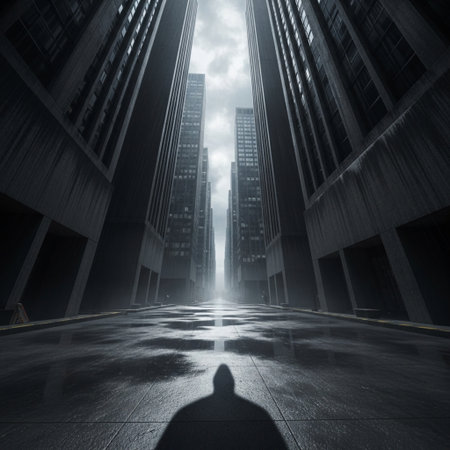 Shadow of a man in front of skyscrapers. 3D renderingの素材