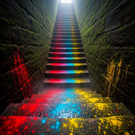 Staircase leading to the bright light. Colorful background.の素材