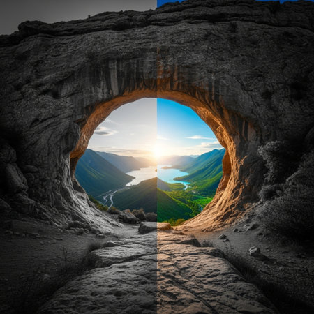 Sunset view from the window of a cave in the mountains.の素材