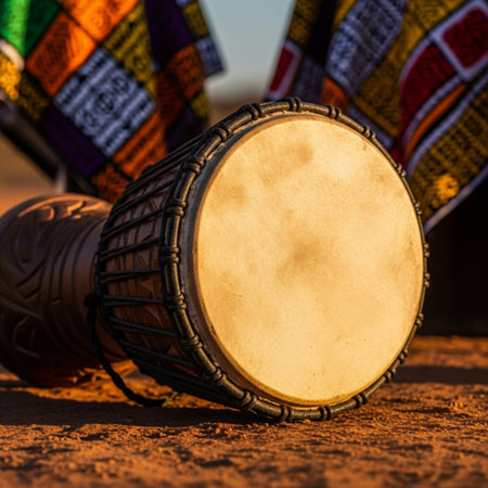Close up of a traditional African djembe drum on a rustic backgroundの素材