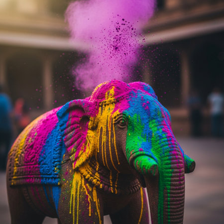 Indian Festival Holi, colorful elephant with colored powder in hand.の素材