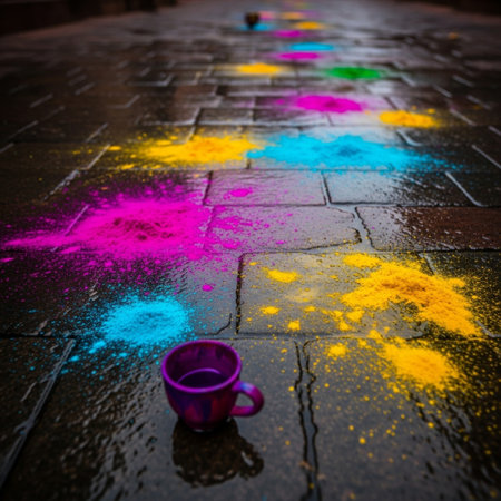 Colorful holi powder on the pavement. Selective focus.の素材