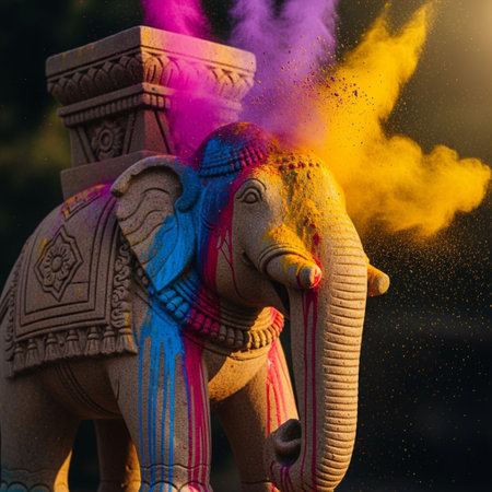 Ganesha statue with colorful powder cloud during Ganesh Chaturthi festival in Indiaの素材