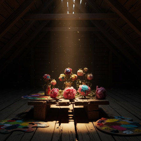 Still life with colorful roses on a wooden table in a dark roomの素材