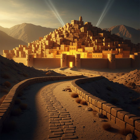 Ruins of an ancient fortress in the desert. 3d renderの素材