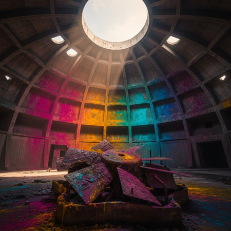 Interior of abandoned industrial building with multicolored paint splashesの素材