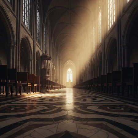 interior of an old church in gothic style with light raysの素材