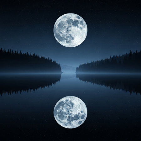 moon over the lake in the night. 3d rendering, illustrationの素材