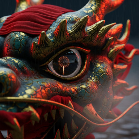 Red dragon head in the rain. 3D illustration. Fantasy.の素材