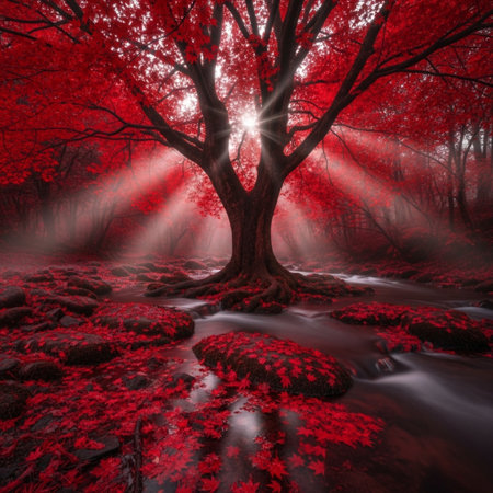 Beautiful autumn forest with a river and trees covered with red leavesの素材