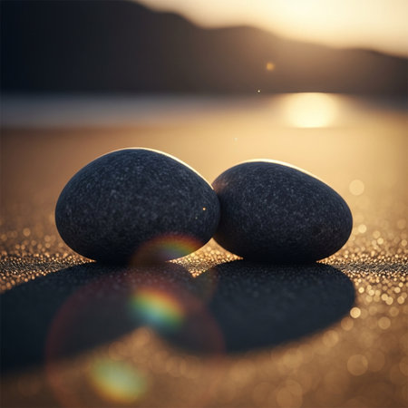 Zen stones on the beach with sunset background. 3d illustration.の素材