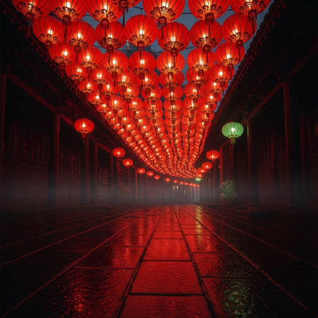 Red lanterns in the ancient Chinese temple at night with fog.の素材