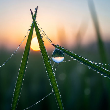 Dew drops on the grass blade at sunrise. Beautiful nature background.の素材