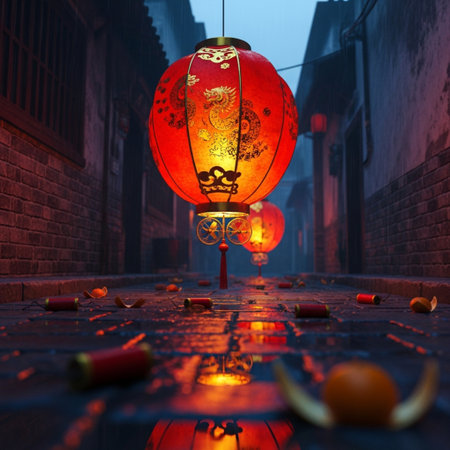 Chinese lanterns on the street at night, 3d rendering.の素材