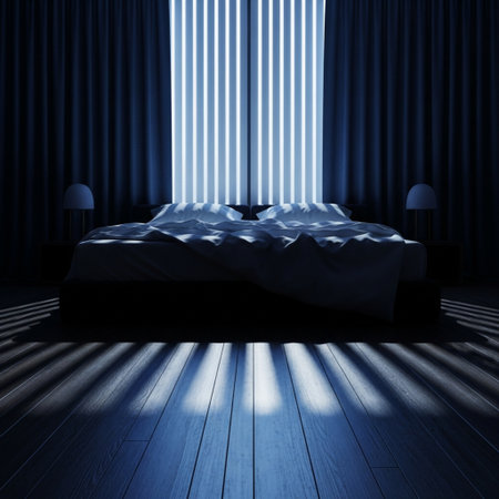 3d rendering of a bedroom interior with a blue curtain and a bedの素材