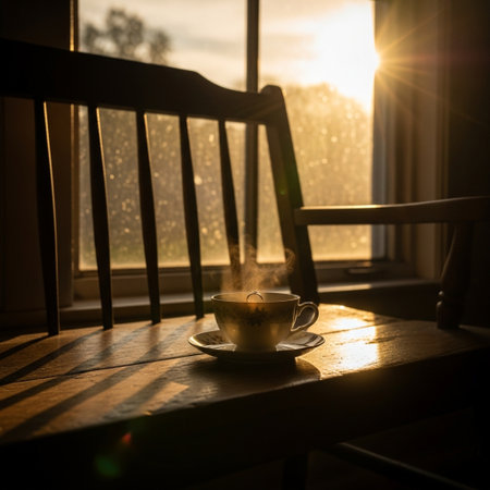 Cup of tea on a wooden table by the window at sunsetの素材