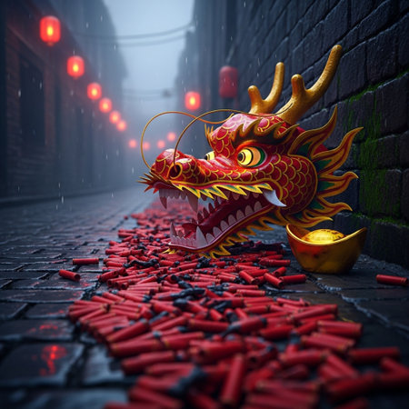 Chinese dragon and firecrackers in the street. Chinese New Year concept.の素材