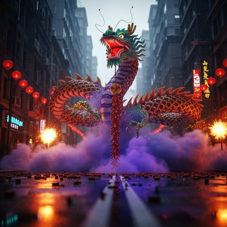 Chinese dragon in the city at night. 3d rendering. Chinese New Year.の素材