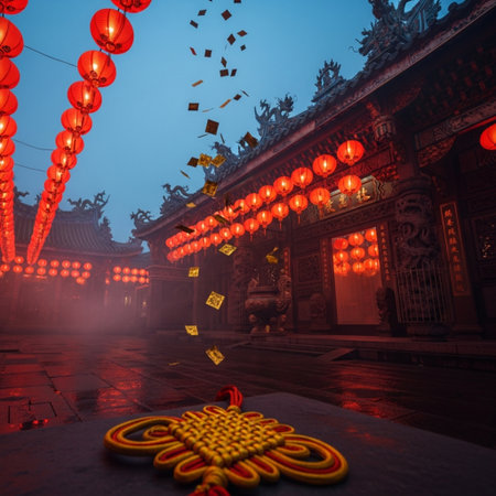 Chinese lanterns and red lanterns in the Chinese temple at nightの素材