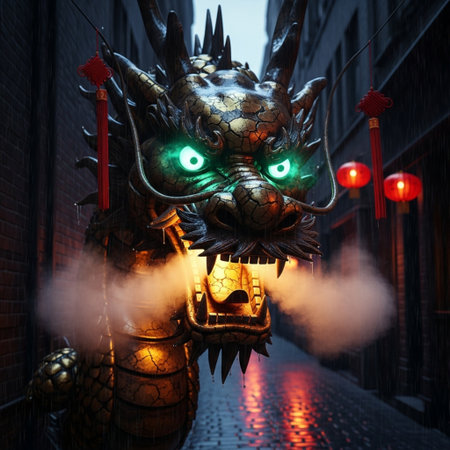 Dragon in a city street at night. 3d rendering. Computer digital drawing.の素材