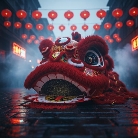 Chinese New Year Lion Dance on the street at night in Shanghai, China.の素材