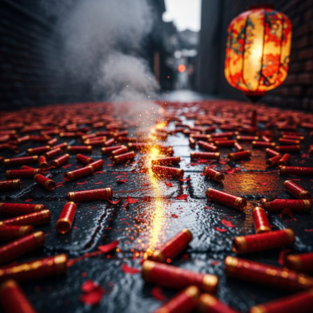 Red firecrackers on the floor in a Chinese temple. Shallow depth of field.の素材