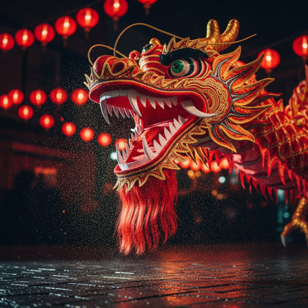 Chinese dragon statue with red lanterns in chinese new year festivalの素材