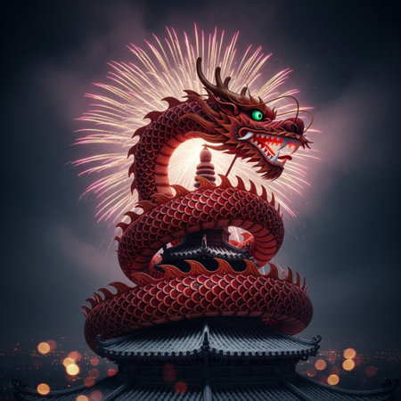 Chinese dragon statue with firework on black background. 3D renderingの素材