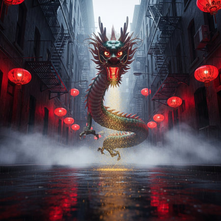 Dragon in a foggy street. 3D rendering. Chinese New Year.の素材