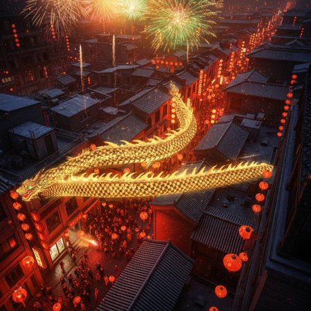 Golden dragon and fireworks over the old town of Shanghai, China.の素材