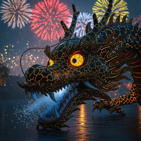 3D illustration of a dragon with firework in the background.の素材