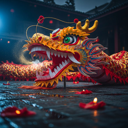 Chinese dragon statue on the floor in Chinese temple, closeup of photoの素材
