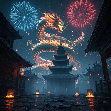 Chinese dragon with firework in the ancient city of Chengdu, Chinaの素材