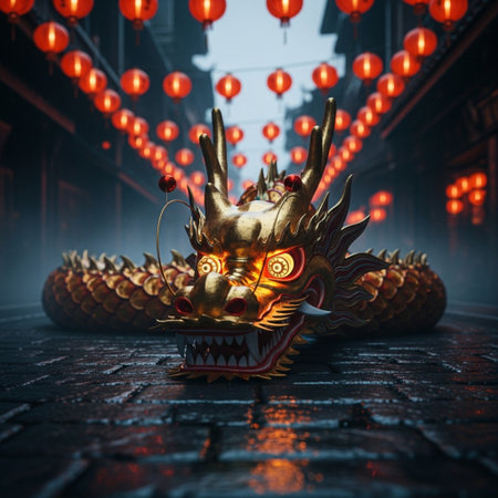 Chinese dragon statue on the street at night in a foggy cityの素材