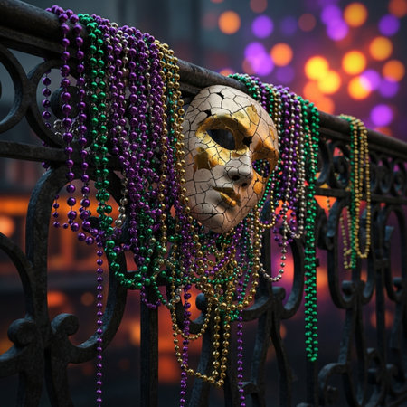 Mardi Gras mask and beads on the fence. 3d illustrationの素材