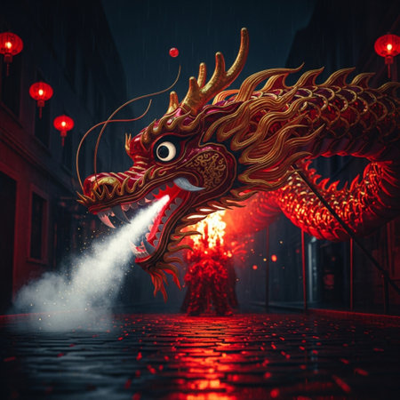 Chinese dragon statue with red lanterns on the street. 3D rendering.の素材
