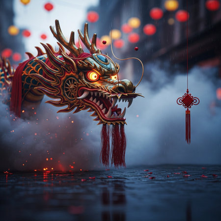 Chinese dragon with red lanterns in the city. 3D illustration.の素材