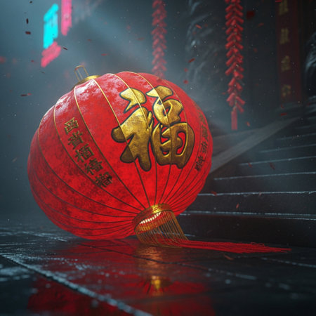 Chinese New Year lanterns in the dark. 3D illustration.の素材