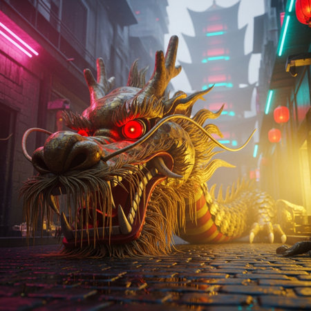Chinese dragon statue in the street at night,3d rendering.の素材