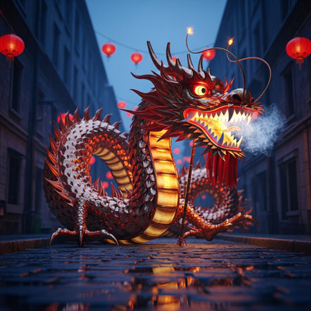 Chinese dragon statue on the street at night. 3D rendering.の素材