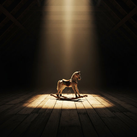 Silhouette of a wooden rocking horse on a wooden floor in a dark roomの素材