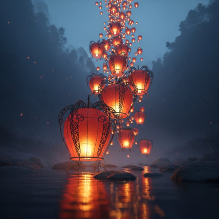 Chinese lanterns floating in the river at night,3d renderingの素材