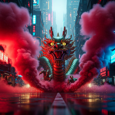 dragon in the city at night 3d illustration rendering for chinese new yearの素材